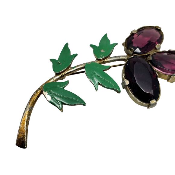 Purple Flower Brooch Gold Tone Vtg Amethyst Glass Stone Green Enamel Pin Retro - Picture 3 of 9